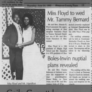 Miss Floyd to wed Mr. Tammy Bernard